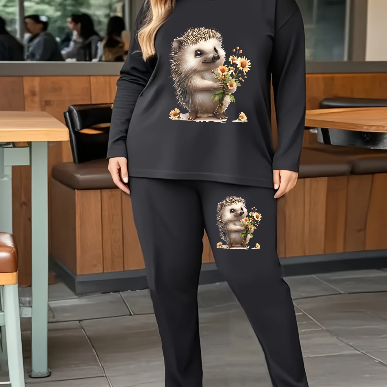 

Plus Size Casual Suit, Cute Hedgehog Print Women's Plus Size Print Long Sleeve Round Neck Top And Tights Suit