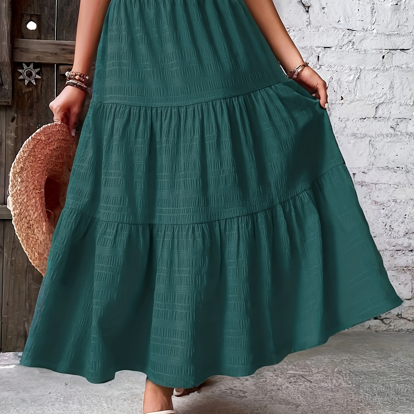 Jupe longue plissée élégante de couleur unie - Style de vacances d'été avec taille élastique, design évasé et ruchage en gradins pour femmes, tenue de vacances | Mode polyvalente | Polyester Fabri