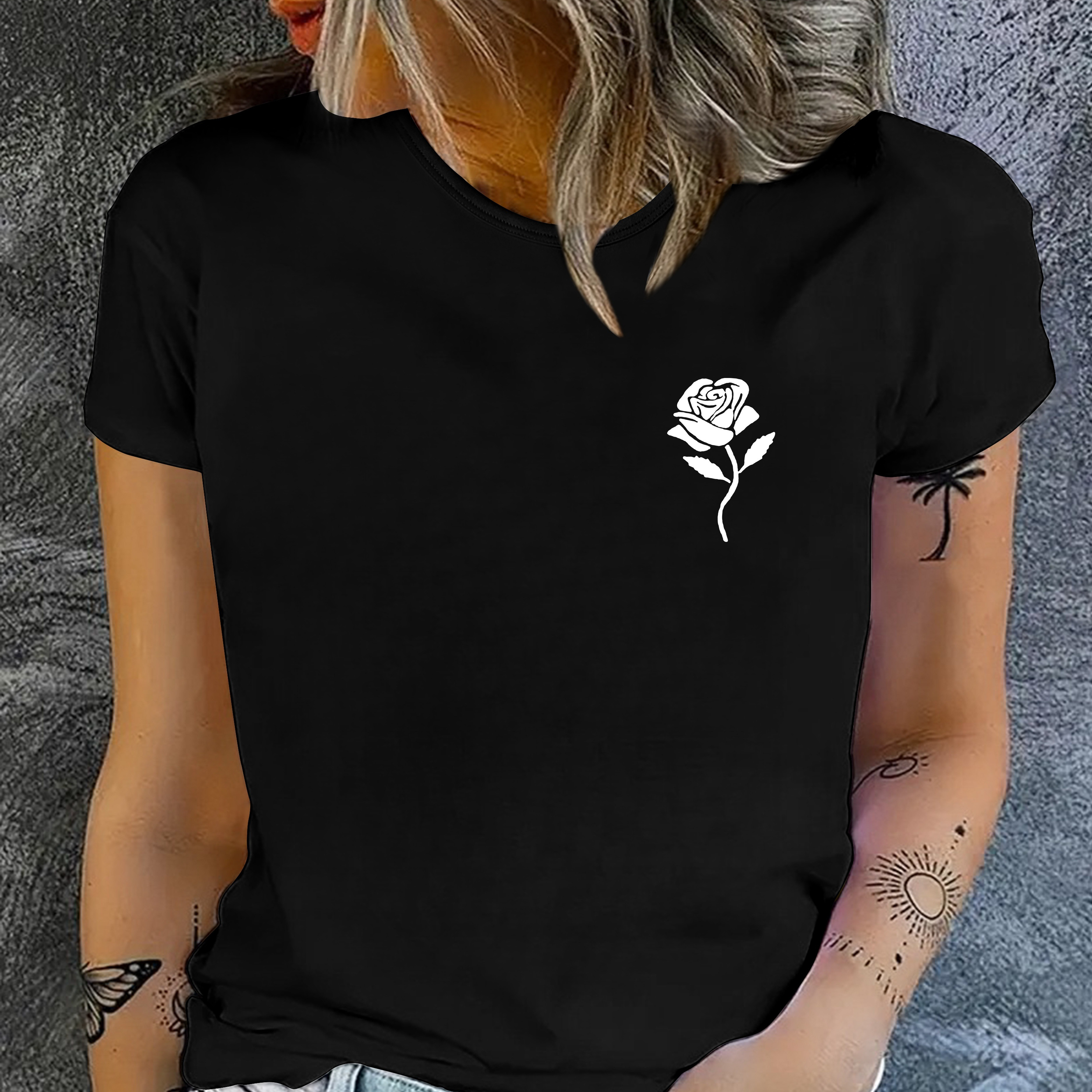 

Rose Print T-shirt, Short Sleeve Crew Neck Casual Top For Summer & Spring, Women's Clothing