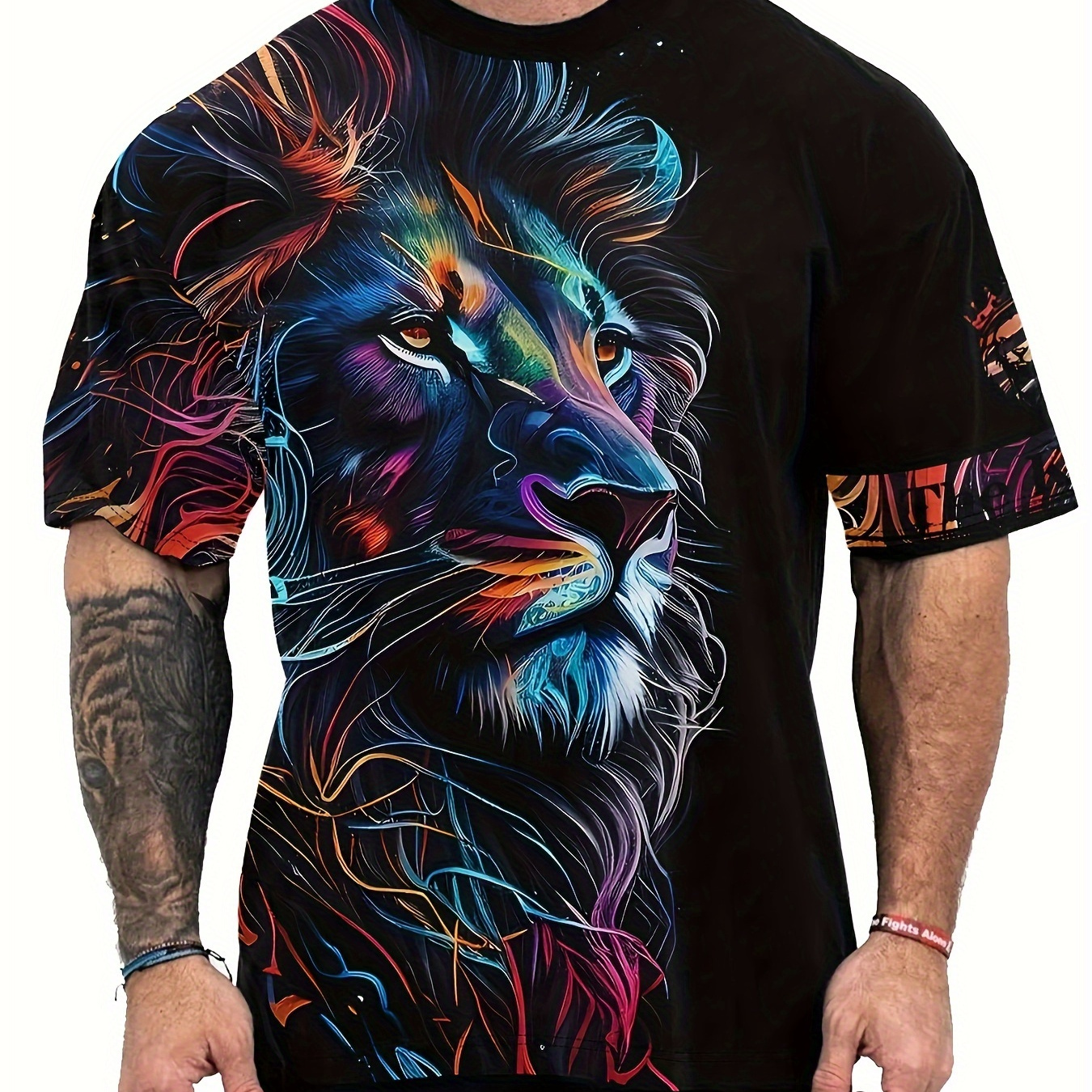 

Men's 3d Lion Print T-shirt, Casual Crew Neck Short Sleeve Top, 100% Polyester Knit Fabric, Slight Stretch, Regular Fit, Pattern Tee For Teens And Adults - 150gsm, Plus Size