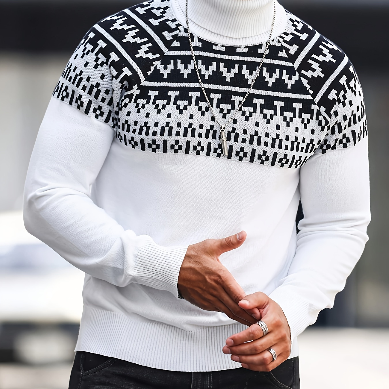 

Men's Geometric Knitted Pullover, Casual Long Sleeve Turtle Neck Sweater For , Outdoor Cloth