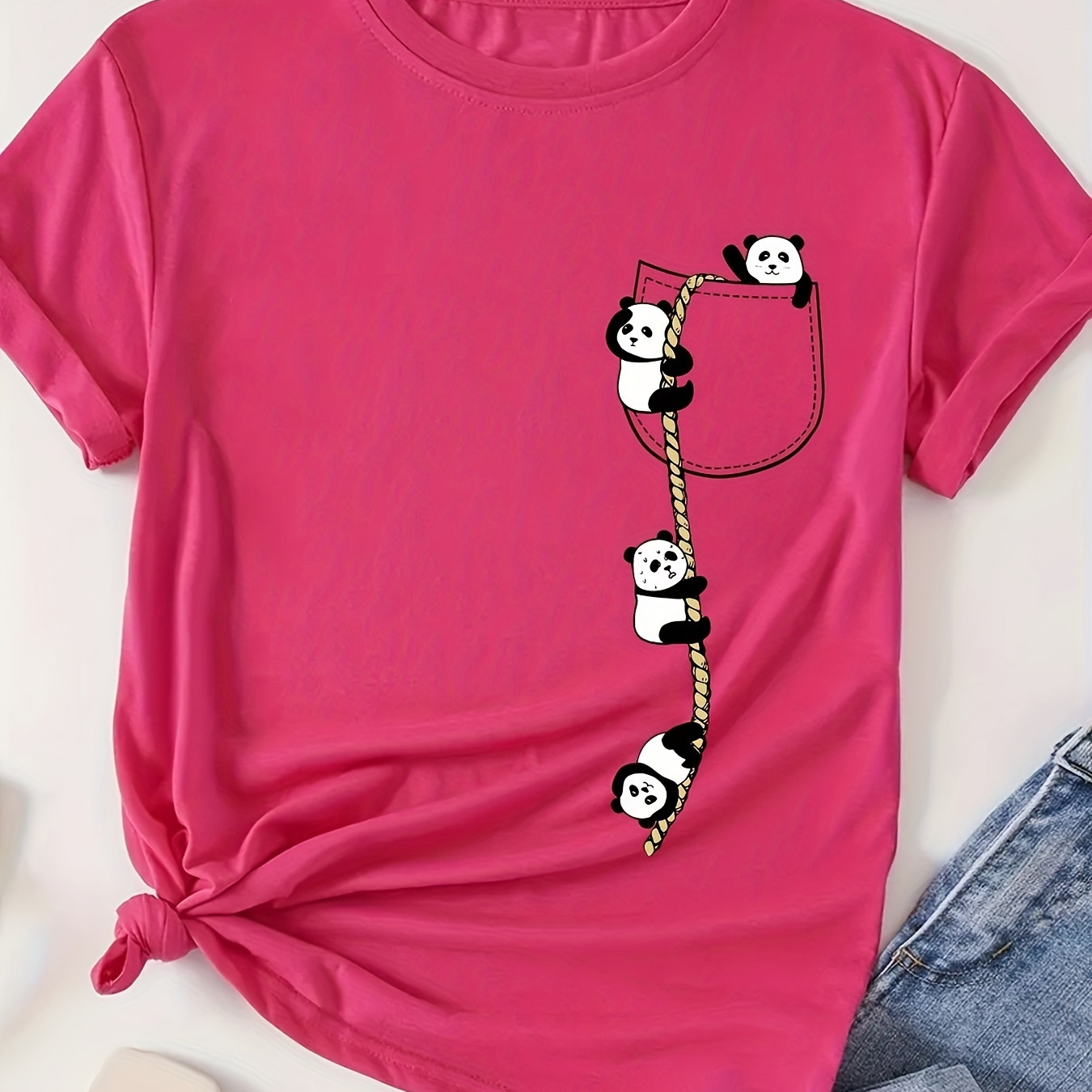 

Panda Print Pocket T-shirt, Short Sleeve Crew Neck Casual Top For Summer & Spring, Women's Clothing