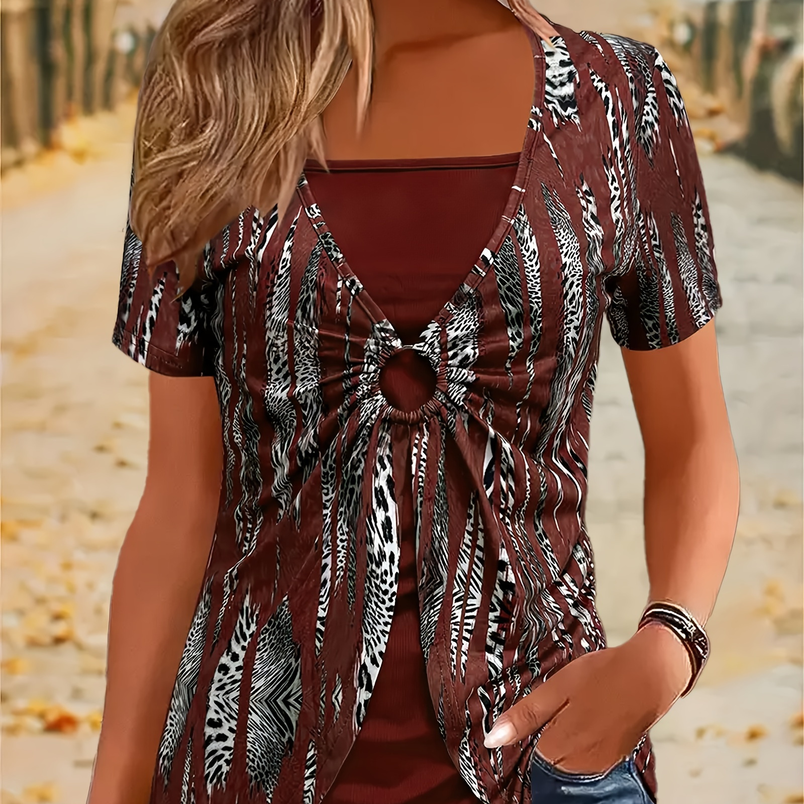 

Size Square Neck T-shirt With Layered Detail - Ethnic Print, Short Sleeve, Stretchy Polyester , Machine Washable - Elegant For Women