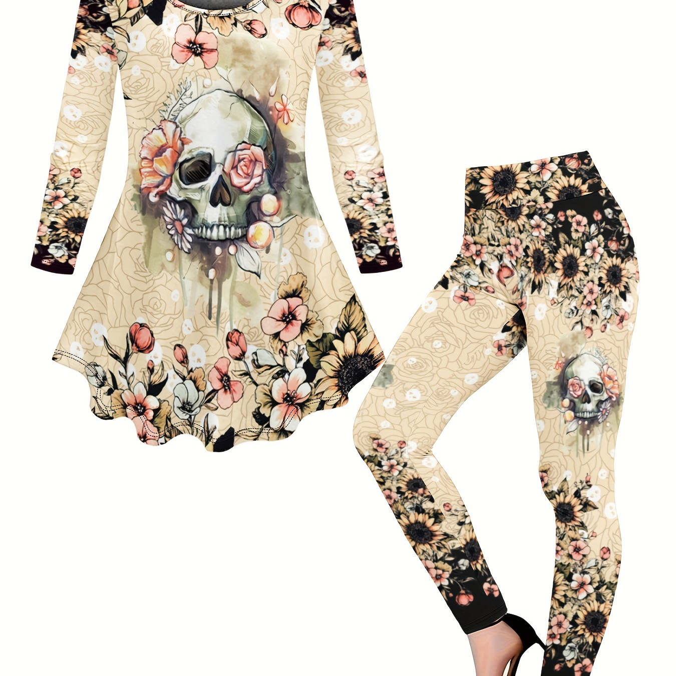 

Skull Pantsuits, Long Sleeve Crew Neck Top & High Waist Skinny Pants Outfits, Women's Clothing