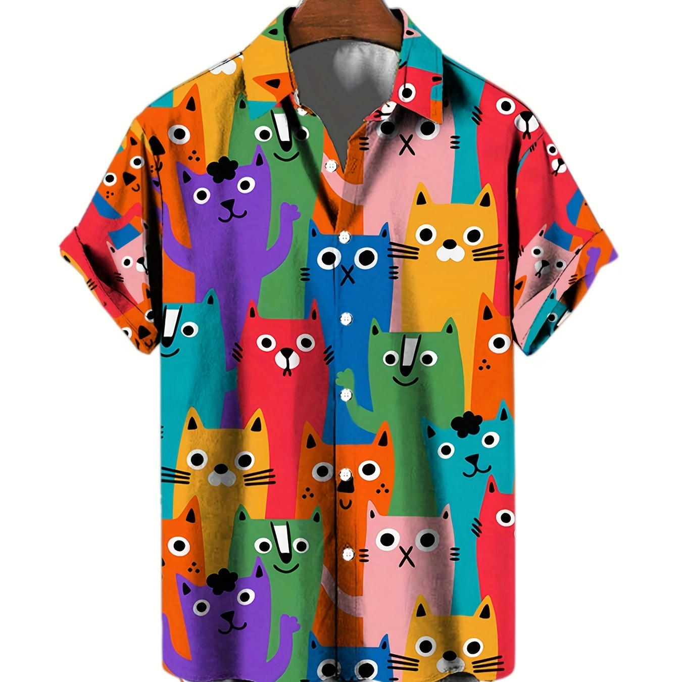 

Men's Colorful Cat 3d Print Fashion Short Sleeve V-neck Button Down Shirts, Men's Summer Clothes, Casual Graphic Tops, Men's Novelty Pajamas Tops