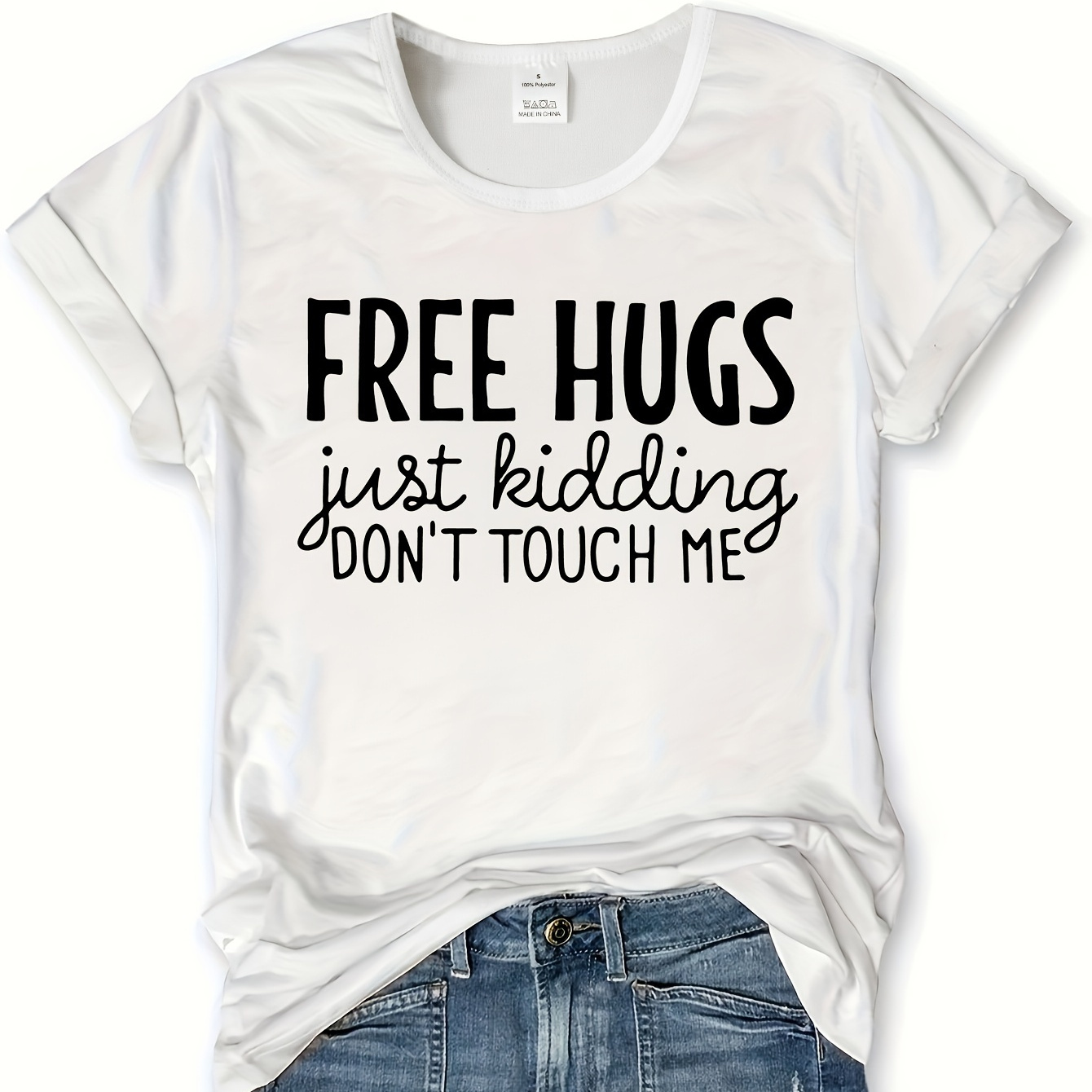 

Free Hugs Letter Print T-shirt, Short Sleeve Crew Neck Casual Top For Summer & Spring, Women's Clothing