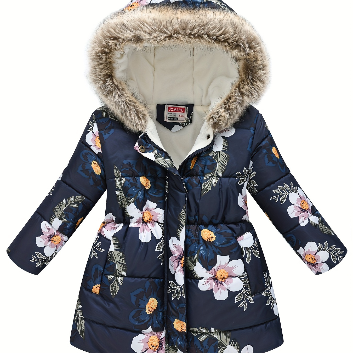 

Children's Girls Puffer Coat Flowers Print Zipper Hooded Fleece Warm Jacket Winter Kids Clothes