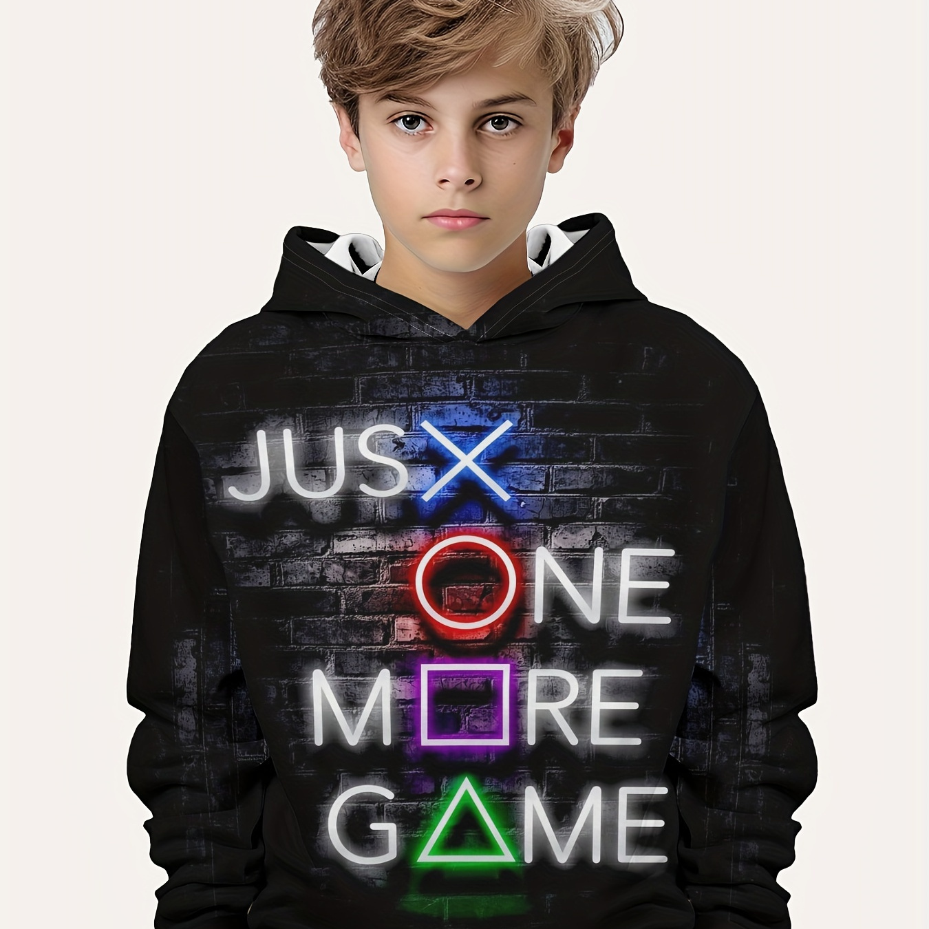 JUST ONE MORE GAME Letter 3D Print Boys Casual Pullover Long Sleeve Hoodies, Boys Sweatshirt For Spring Fall Winter, Kids Hoodie Tops Outdoor