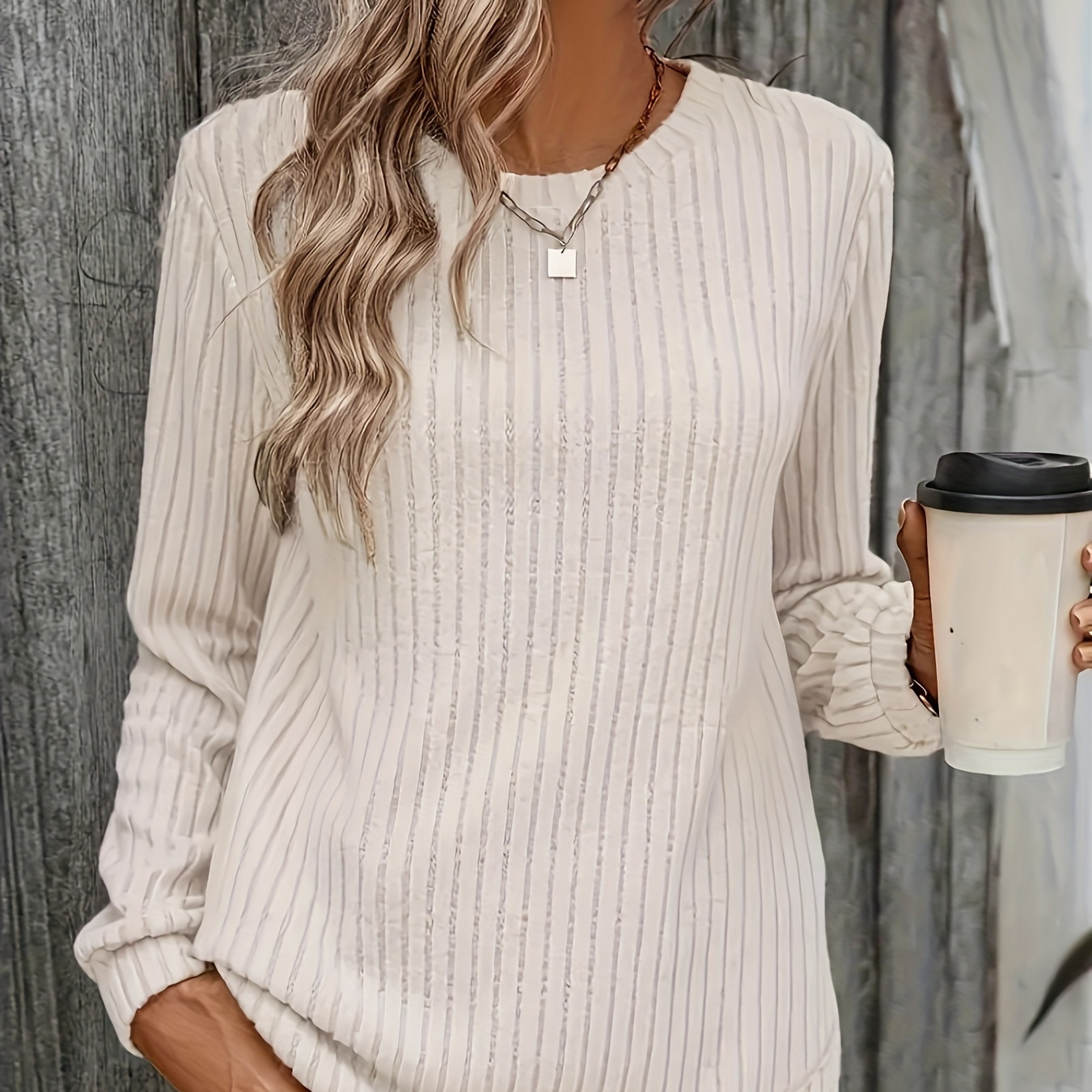 

Women's Elegant Long-sleeve Ribbed T-shirt - 100% Polyester Crew Neck Knit Top, Solid Color, Regular Fit Tail , Suitable For Spring/fall - Middle Collection