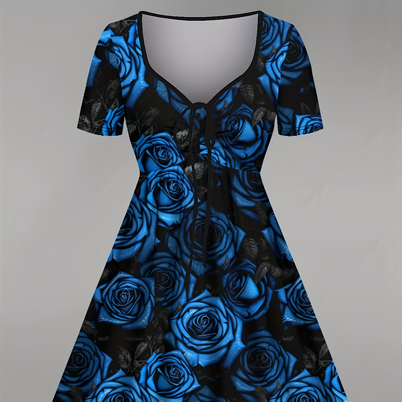

Plus Size Rose Print Tie Neck Dress, Gothic Short Sleeve Midi Dress For Spring & Summer, Women's Plus Size Clothing