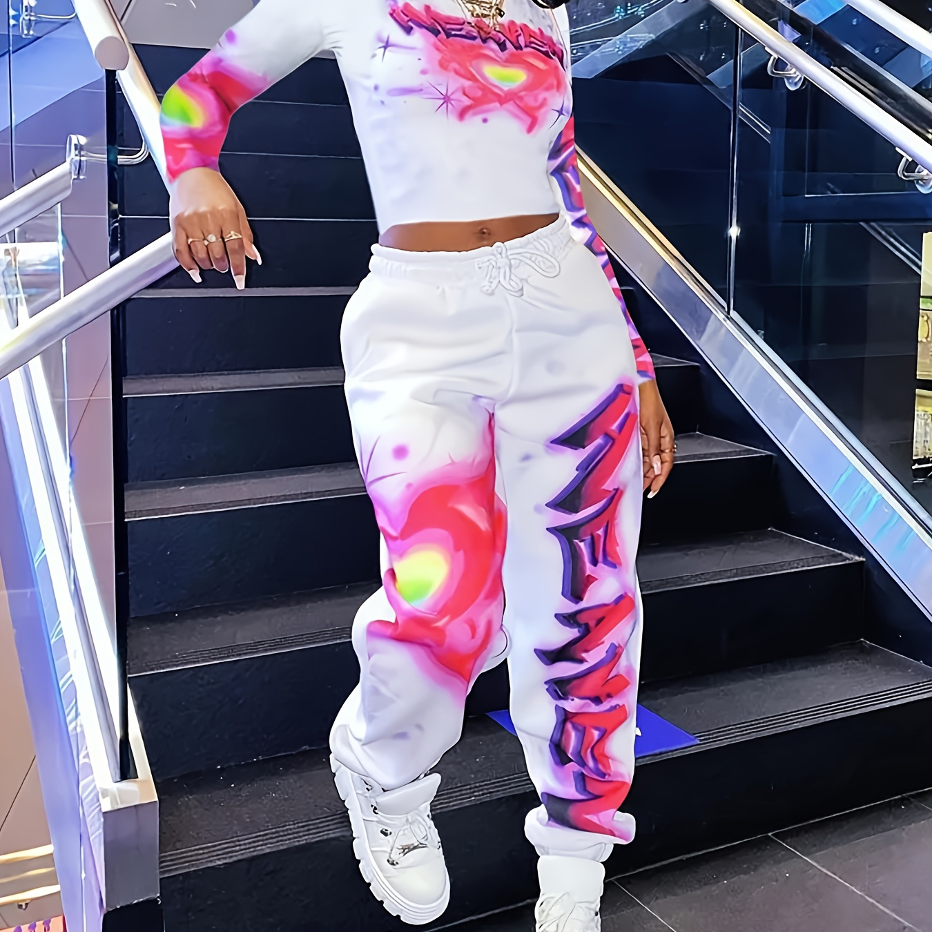 Evening Mist Pattern-making, with Pockets, Y2K Heart-shaped and Letter-printed Long-sleeved Top and Waist-cinched Skinny Pants, Two Long-sleeved and Long-pants Sets