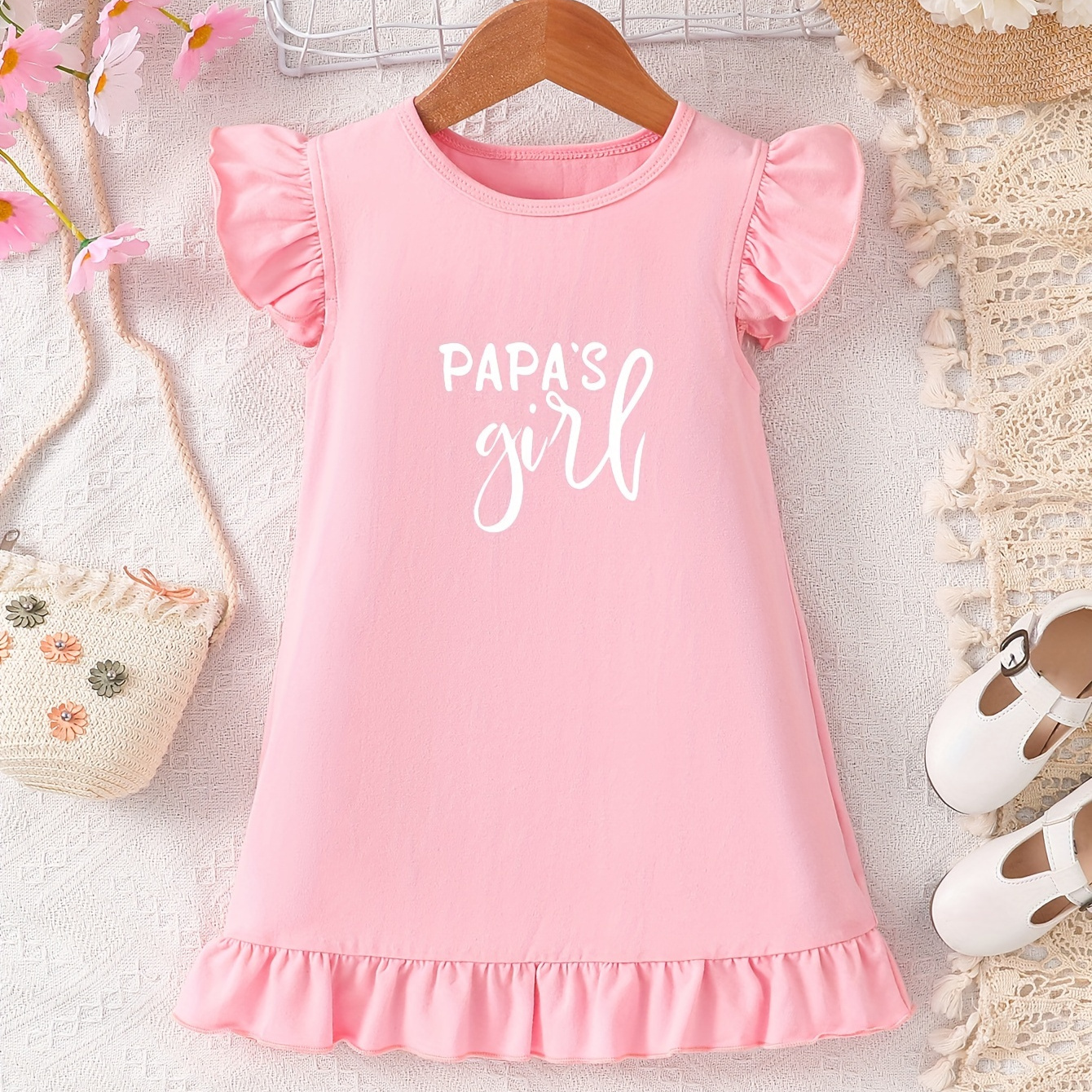 

Papa's Girl Print Dress, Girls' Casual Short Sleeve Crew Neck Cotton Clothing For Spring & Summer, As Gifts