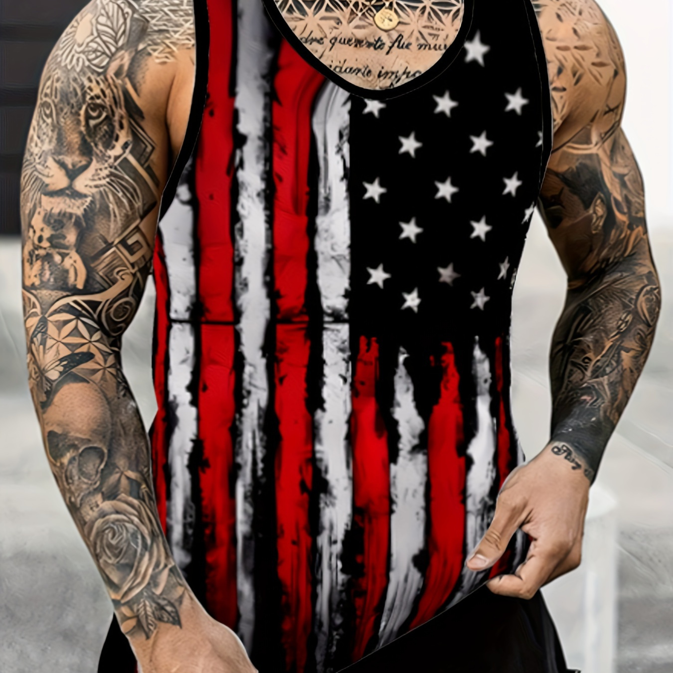 

Us Flag Print A-shirt Tanks, Sleeveless Tank Top, Lightweight Active Undershirts, For Workout At The Gym, Bodybuilding, And Fitness, As Gifts