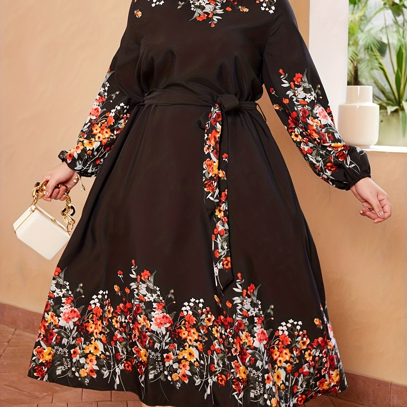 

Plus Size Casual Dress, Women's Plus Colorblock Floral Print Long Sleeve Round Neck Belted Maxi Dress