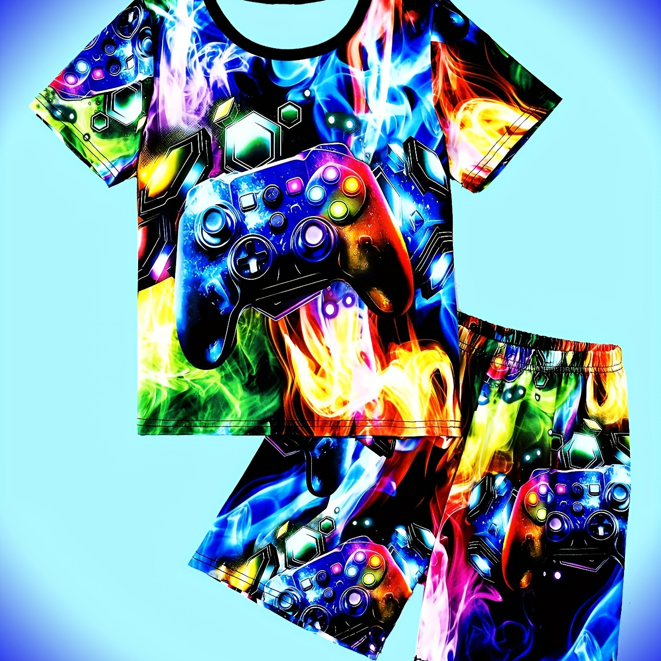 

2 Pcs Boy's Glow In The Dark Flame Sci-fi Gamepad Print Short Sleeve T-shirts & Elastic Waist Shorts Pajama Set, Comfy & Skin-friendly Pj Set, Boy's Loungewear, As Daily Gift