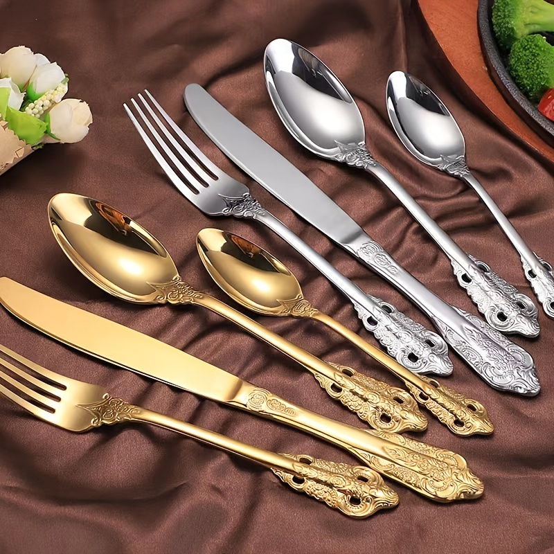 Durable Stainless Steel Flatware Set Black Golden Silverware - Temu