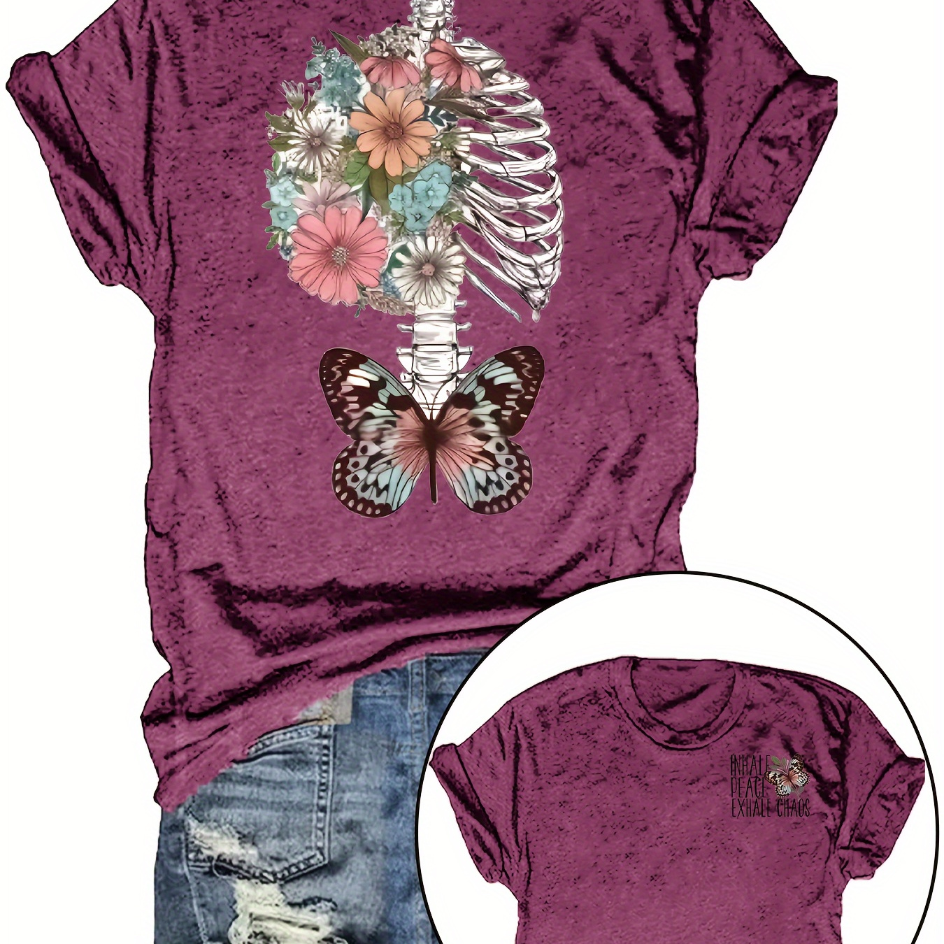 

Flowers Skeleton Print T-shirt, Short Sleeve Crew Neck Casual Top For Summer & Spring, Women's Clothing