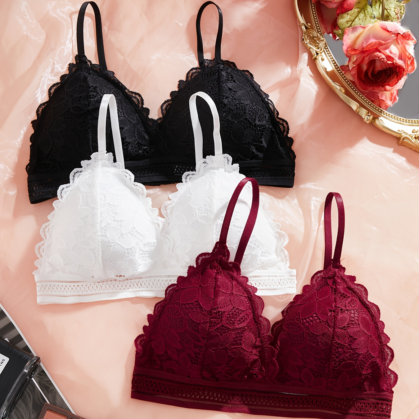 

3pcs Simple Solid Floral Lace Bra, Comfy & Breathable Triangle Cup Bra, Women's Lingerie & Underwear