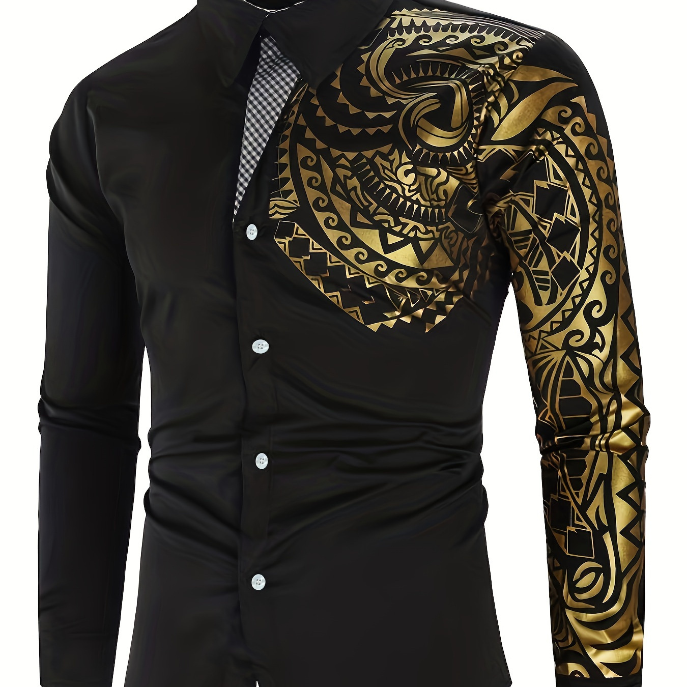 

Men's Casual Long Sleeve Fashionable Gold Tribal Pattern Print Shirt, Slim Fit Dress Shirt For Party/evening Out