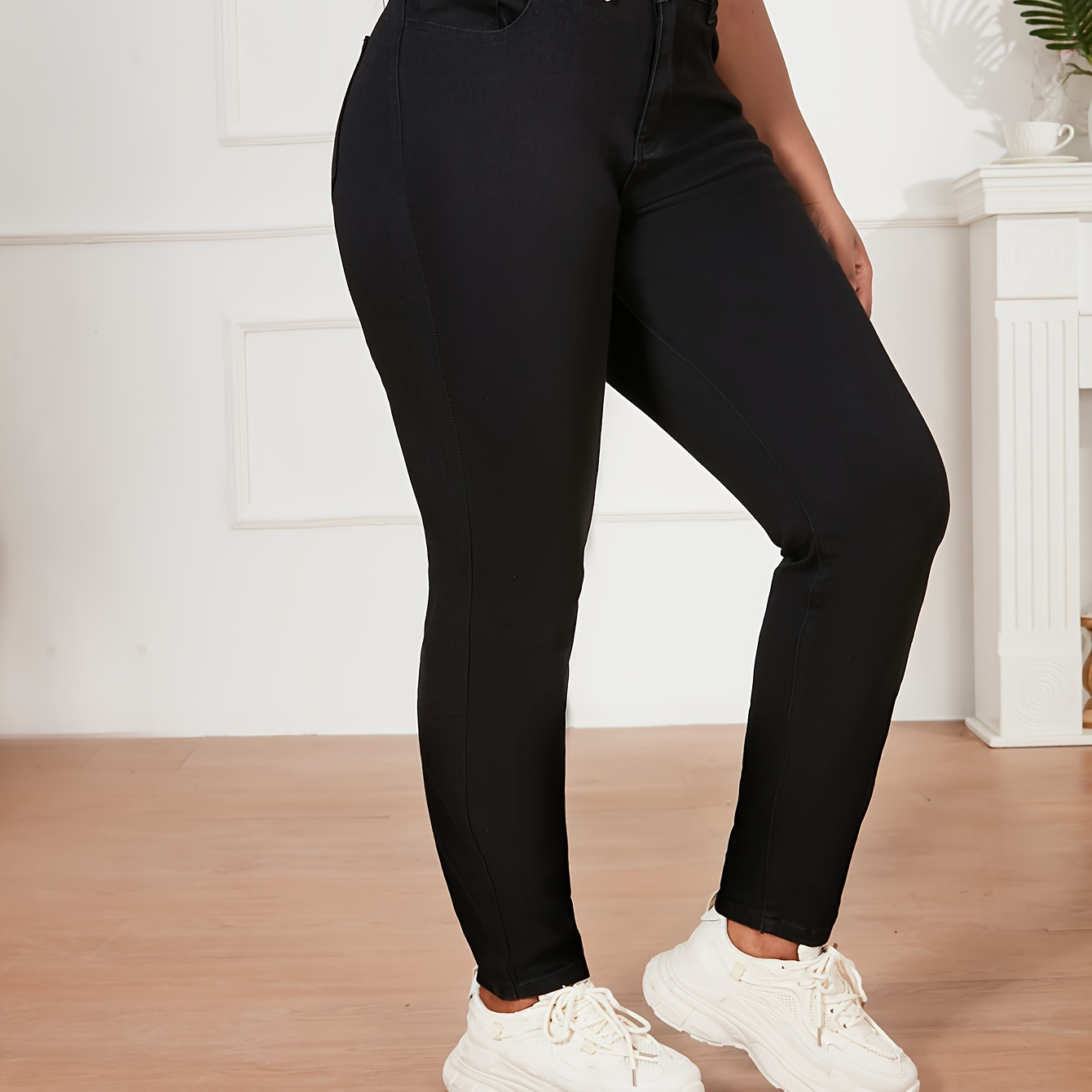 

Women's Basic Style Jeans, Plus Size Plain Black Medium Stretch Versatile Skinny Denim Pants