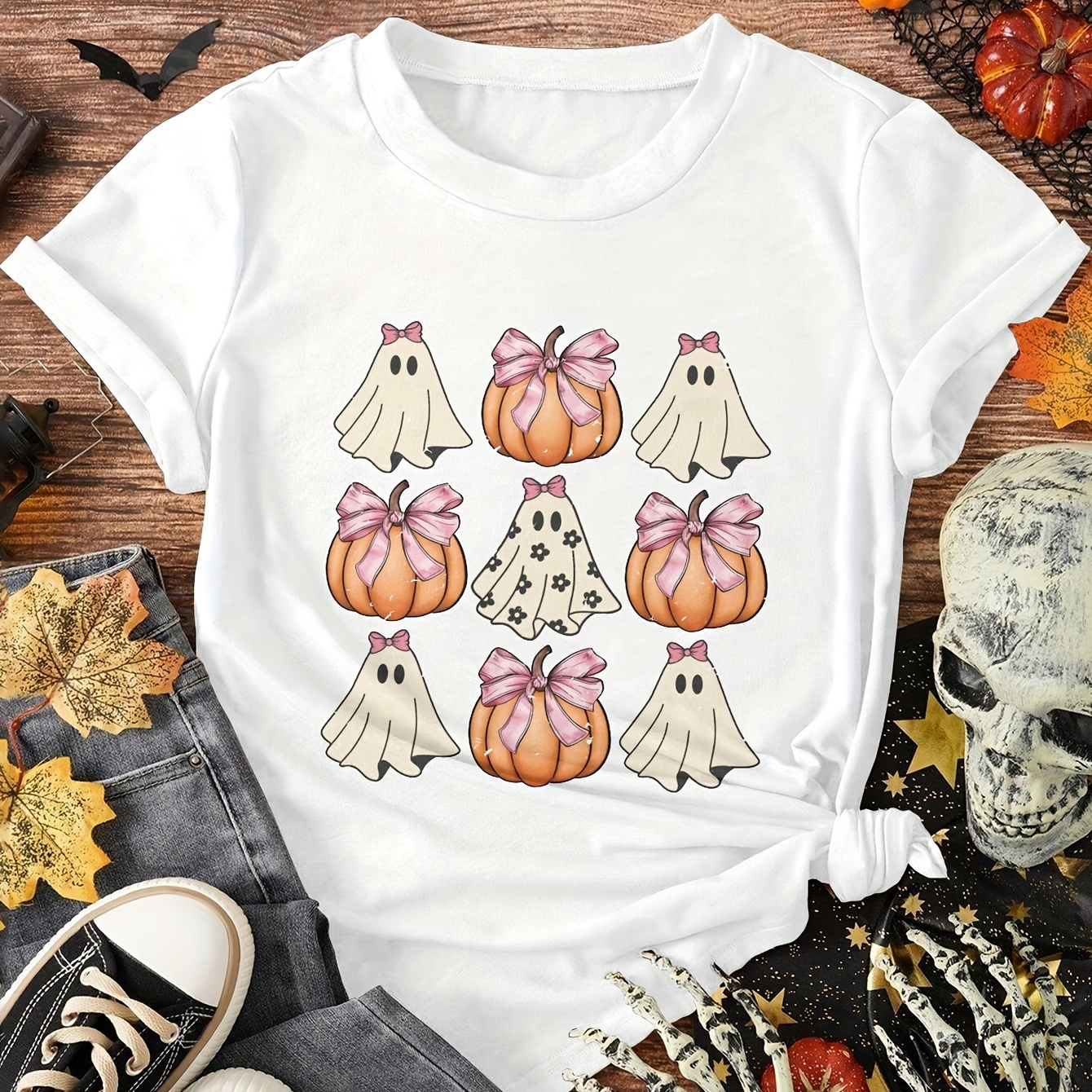 

1pc White Girls Funny T-shirt, Trick Or Treat Print Design Tee, Perfect For Atmosphere, Soft Cotton, Slightly Stretchable, Machine Washable, Best Gift For Girls