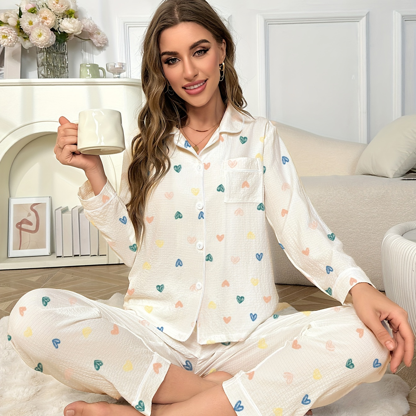 

Heart Print Pajama Set, Long Sleeve Buttons Top & Elastic Waistband Pants, Women's Sleepwear & Loungewear