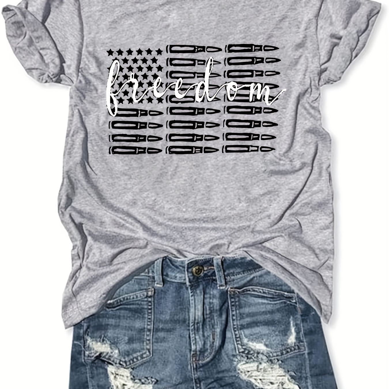 

Freedom Print T-shirt, Short Sleeve Crew Neck Casual Top For Summer & Spring, Women's Clothing