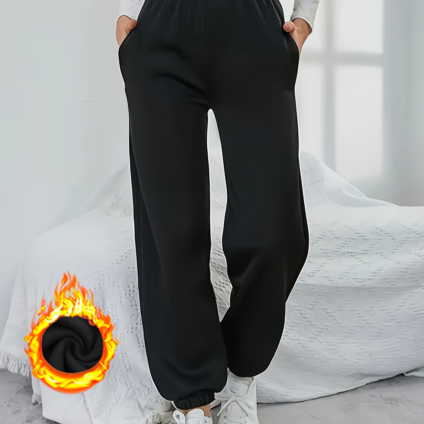 

Solid Color Fitted Bottom Joggers, Casual High Elastic Waist Thicken Pants For Fall & Winter, Women's Clothing