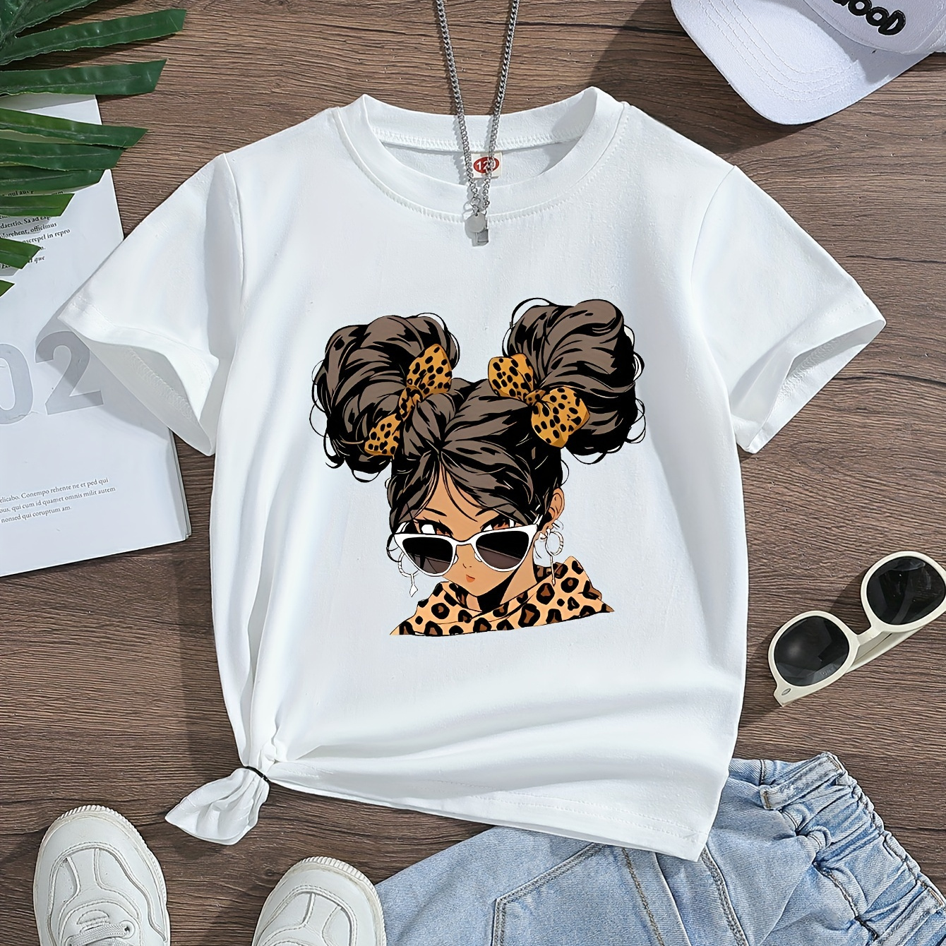 

Cool Anime Girl With Sunglasses Graphic Print, Girls' Casual & Comfy Crew Neck Short Sleeve Cotton T-shirt For Spring & Summer, Girls' Tee & Clothes For Outdoor Activities