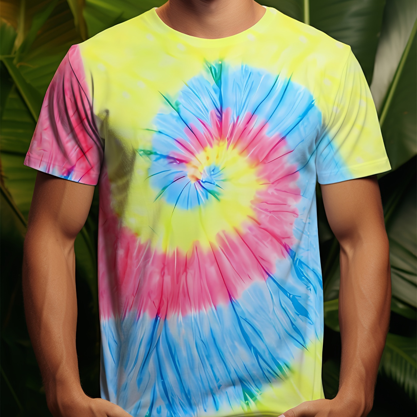 Plus Size Men's Colorful Tie Dye Pattern Graphic Print T-Shirt for Summer, Trendy Cool Short Sleeve Tees for Big & Tall Males,Casual,Temu