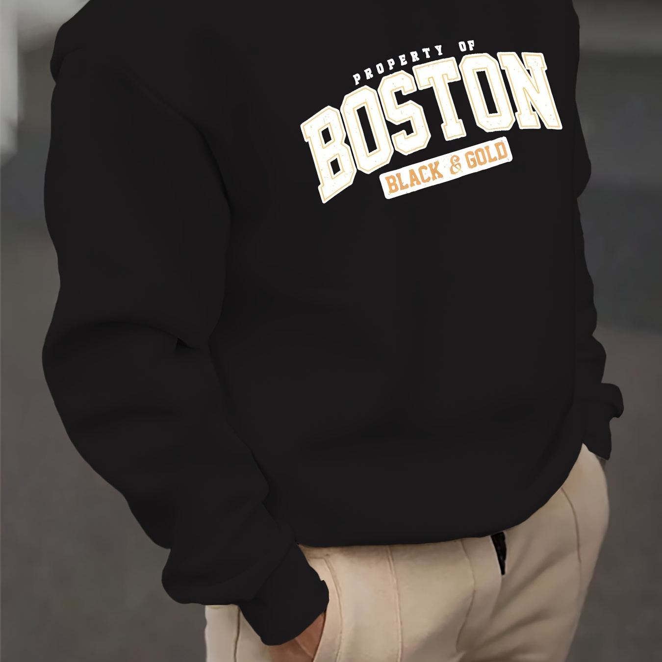 

Sweat à capuche décontracté pour homme, tissu tricoté 100% polyester, légèrement extensible, coupe standard, sweat-shirt imprimé, design noir et doré Boston, 250gsm - Vache