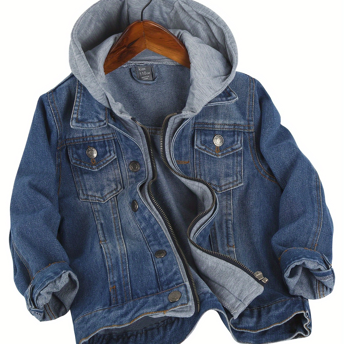 

Kid Boys Jean Jacket Hooded Denim Casual Zipper Outerwear Coat 100cm-150cm