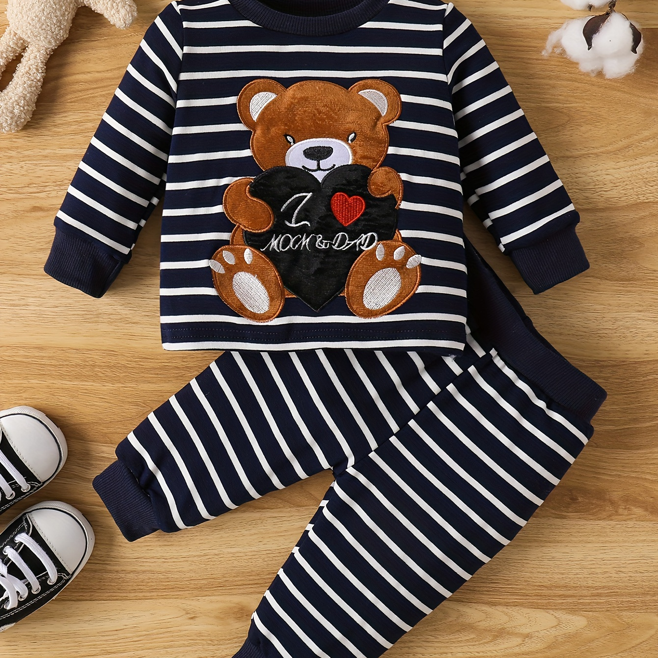 

And Infant Boy Embroidered Bear Striped Long-sleeved And Trousers Two- Set , For