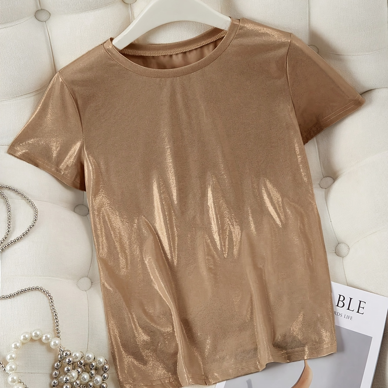 

Women's Elegant T-shirt, French Style Round Neck, Short Sleeve, Casual Solid Color, Polyester 95% Elastane 5%, Spring/summer Knit Fabric, 150g/m² - Golden