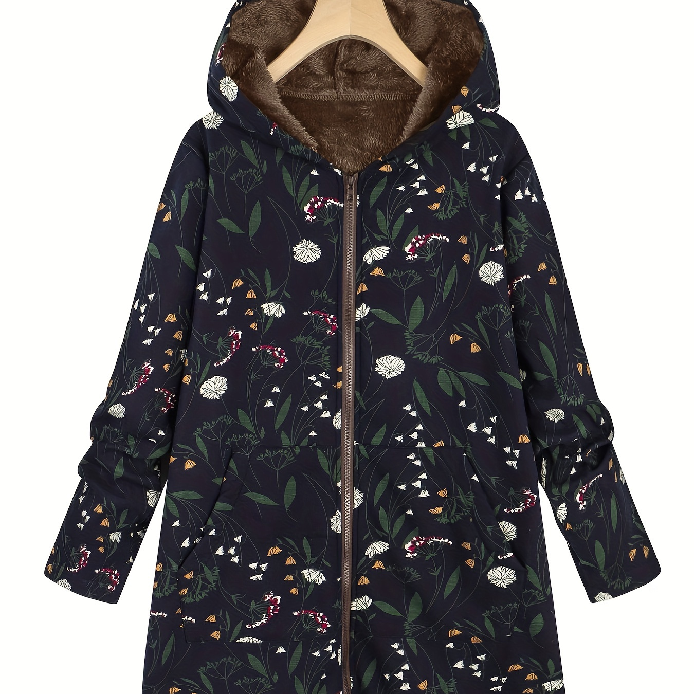 Plus Size Casual Coat, Women's Plus Floral Print Fleece Liner Zip Up Hooded Fluffy Coat With Pockets