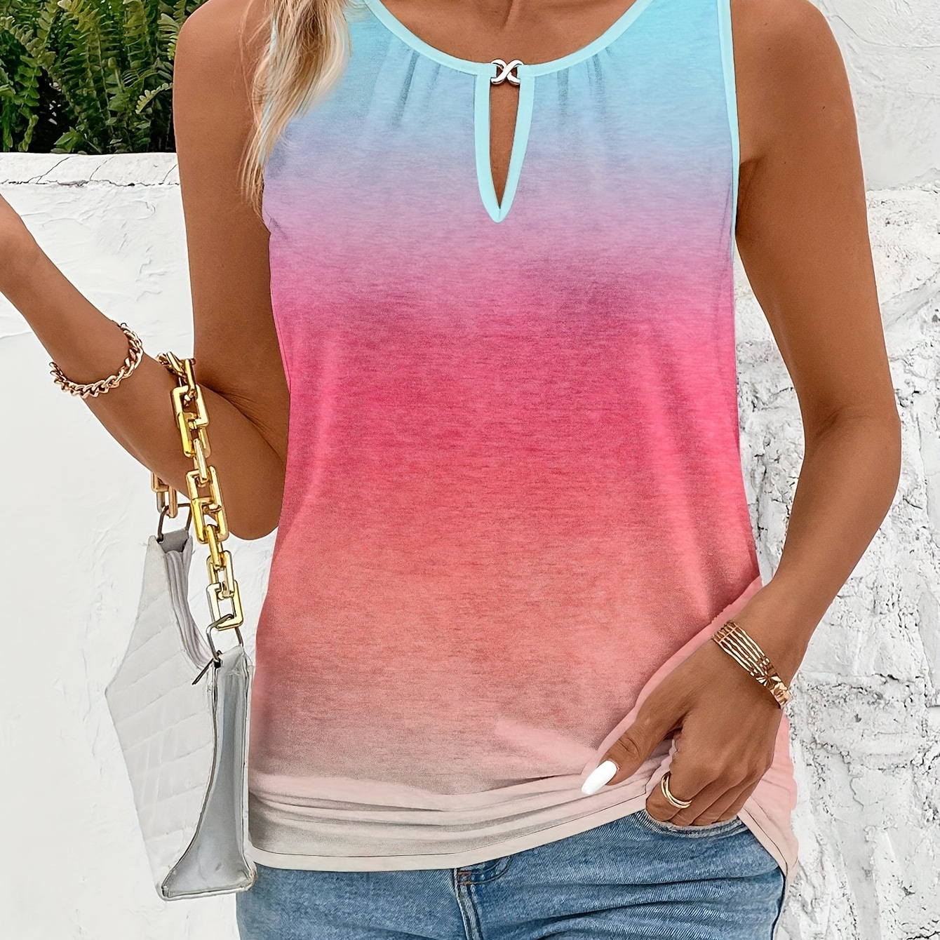 

Gradient Color Keyhole Tank Top, Casual Sleeveless Tank Top For Summer, Women's Clothing