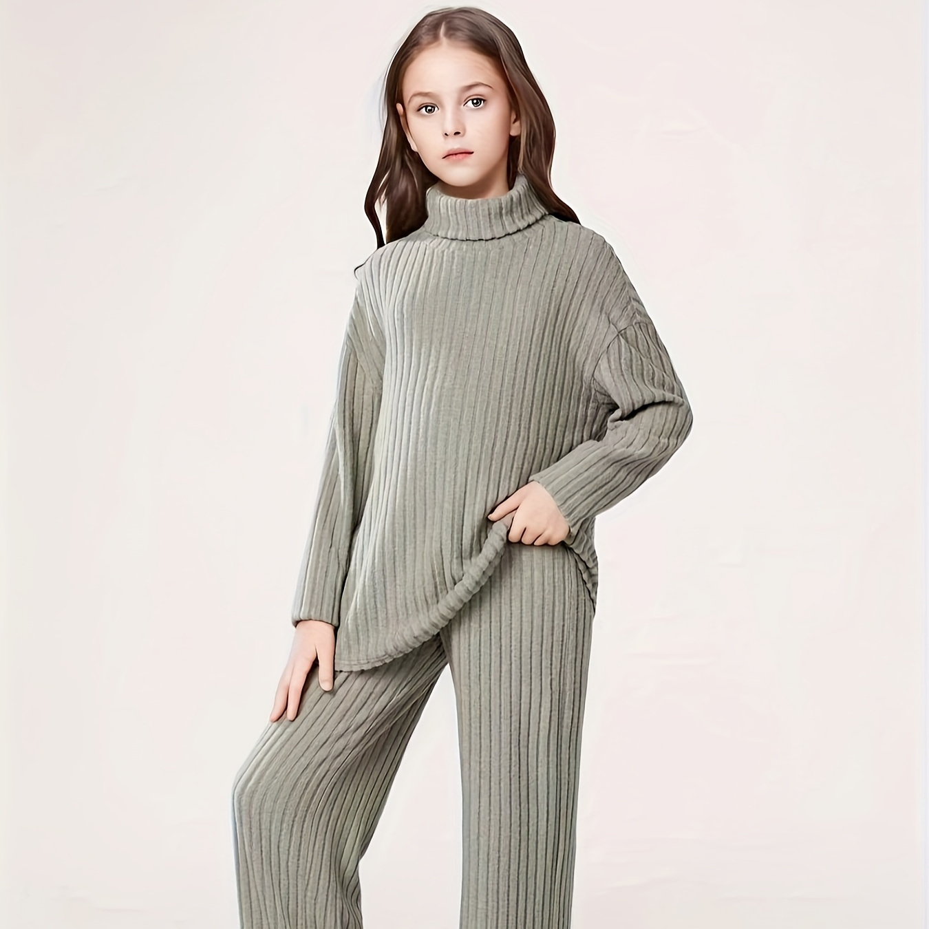 

2pcs Ribbed Long Top + Pants Set Fall Christmas