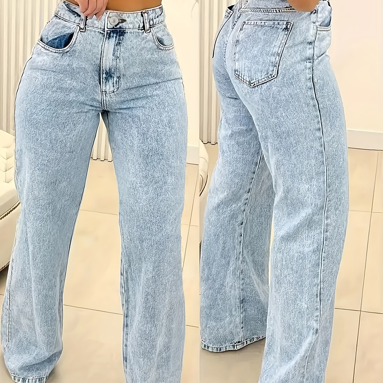 

Women's Casual Denim Jeans - High-waisted, Straight-leg, Stretch Fabric, Button Closure, Fit For Casual Attire, |classic |stretch Denim