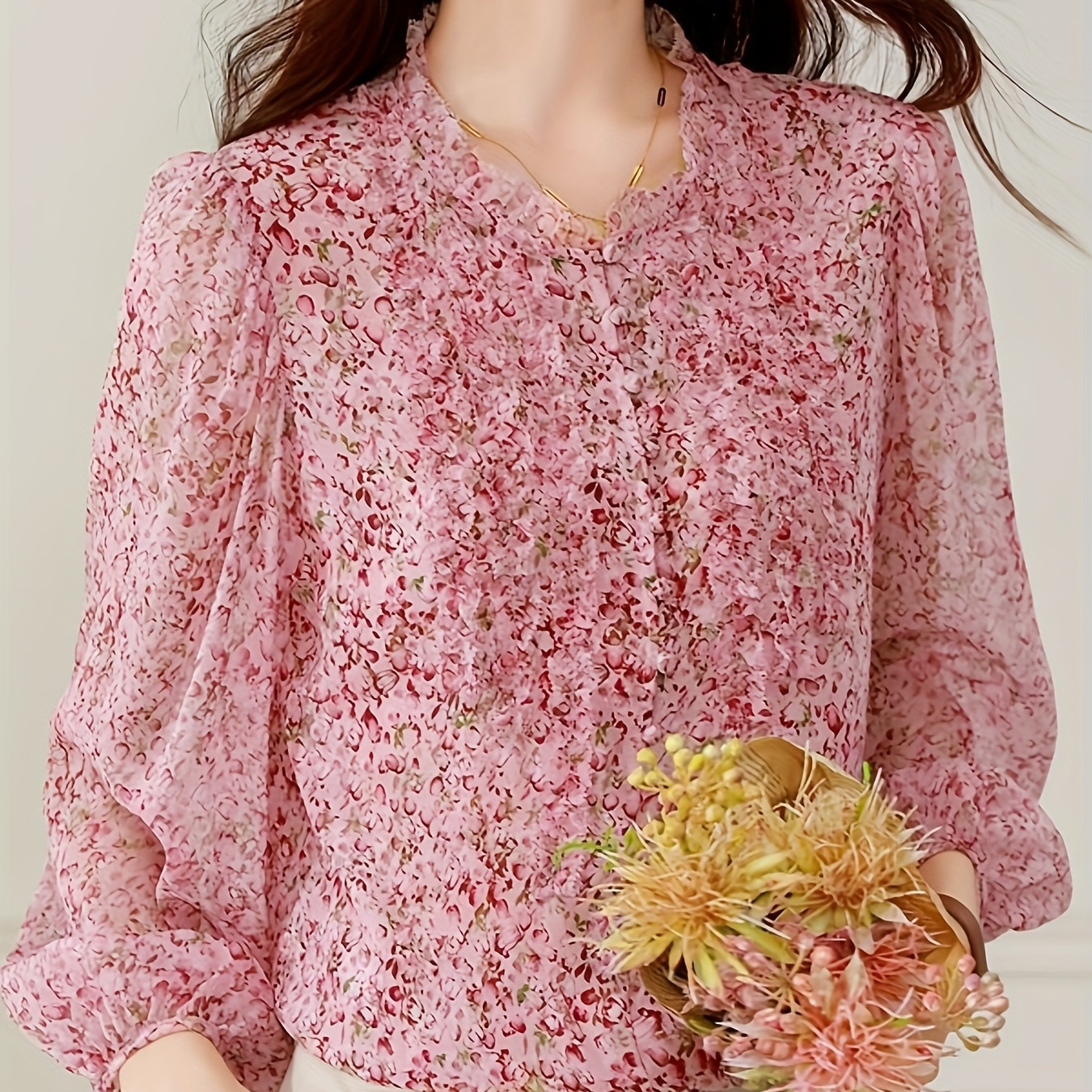 

Blouse à imprimé floral pour femmes, en polyester, haut décontracté à manches longues et col rond, avec détail boutonné, pour /automne