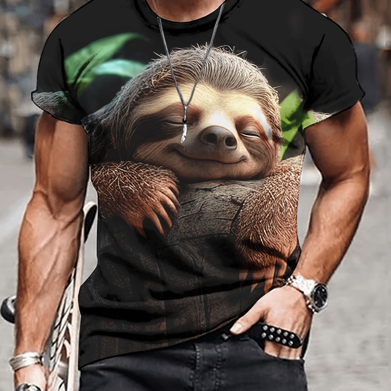 

Men's Sloth Print T-shirt, Casual Short Sleeve Crew Neck Tee, Men's Clothing For Outdoor