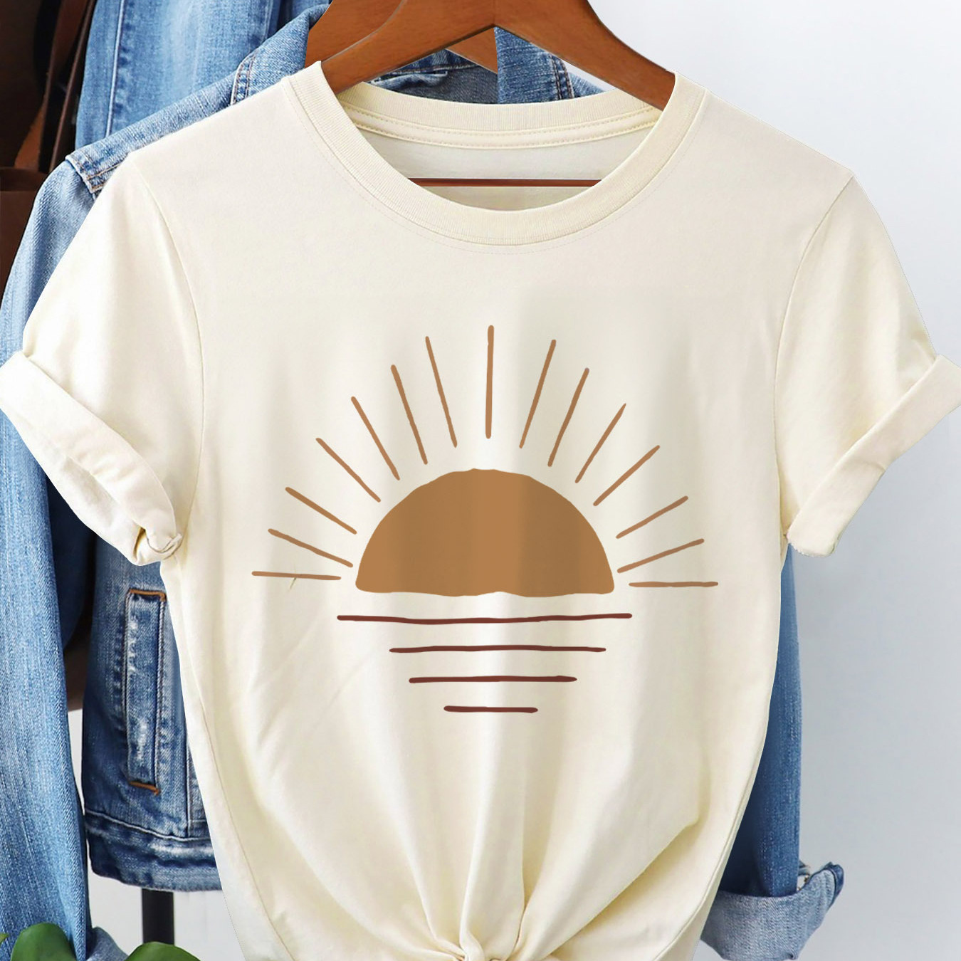 

Sun Print T-shirt, Short Sleeve Crew Neck Casual Top For Summer & Spring, Women's Clothing