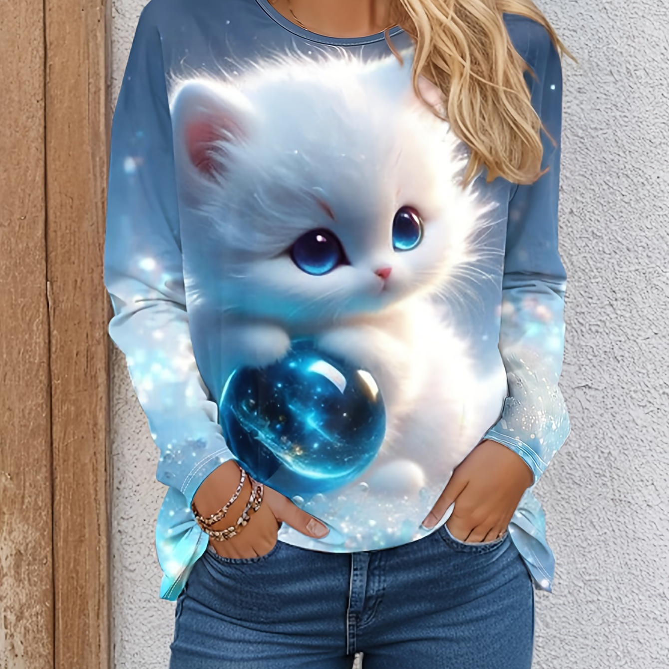 

Amusant et Léger, T-Shirt à Manches Longues avec Imprimé Chat en 3D pour Femme - Col Rond Décontracté, Mélange de Polyester , Lavable en Machine - pour &