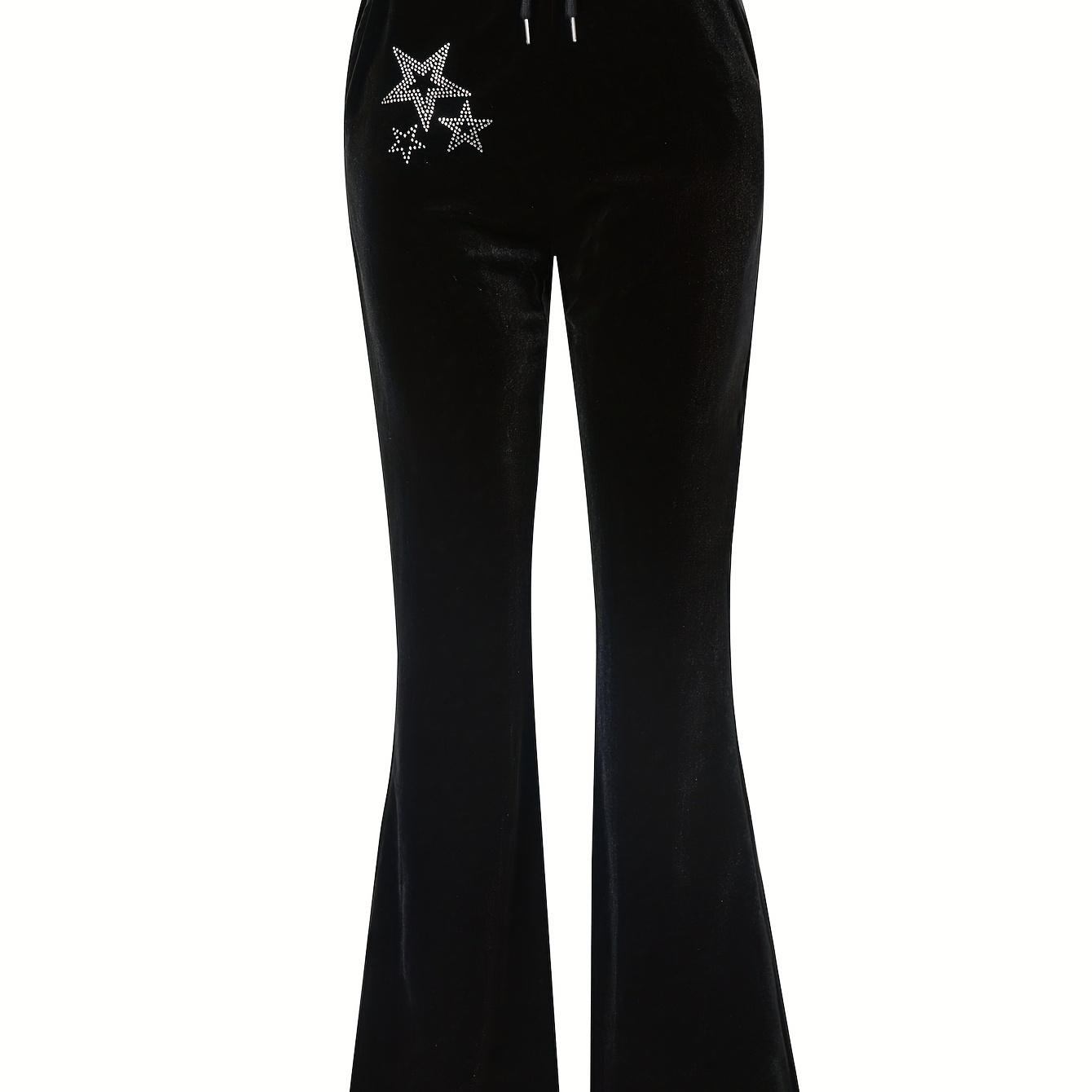 

Women's High-waist Velvet Flare Pants With Rhinestones - Casual, Stretchy Waistband, Machine Washable -