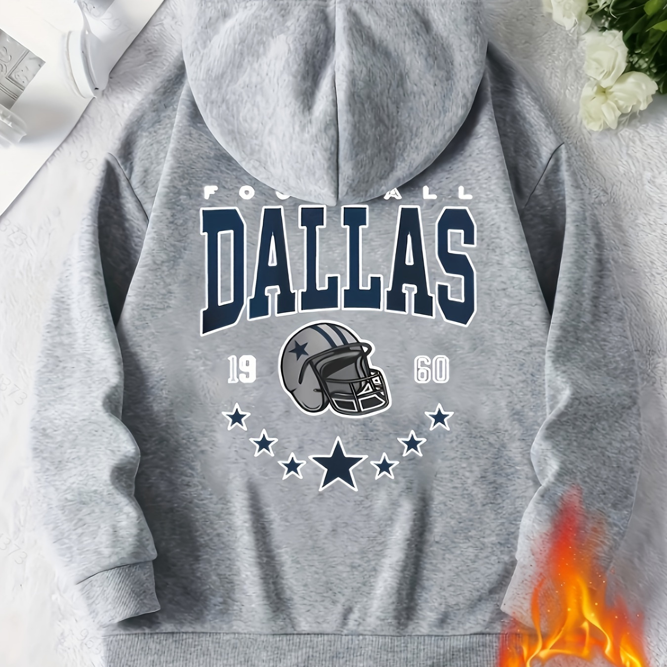 

Casual Polyester Hoodie With Football Helmet Print, Kangaroo Pocket, 100% Knit Fabric, Dallas Theme Sweatshirt For Women