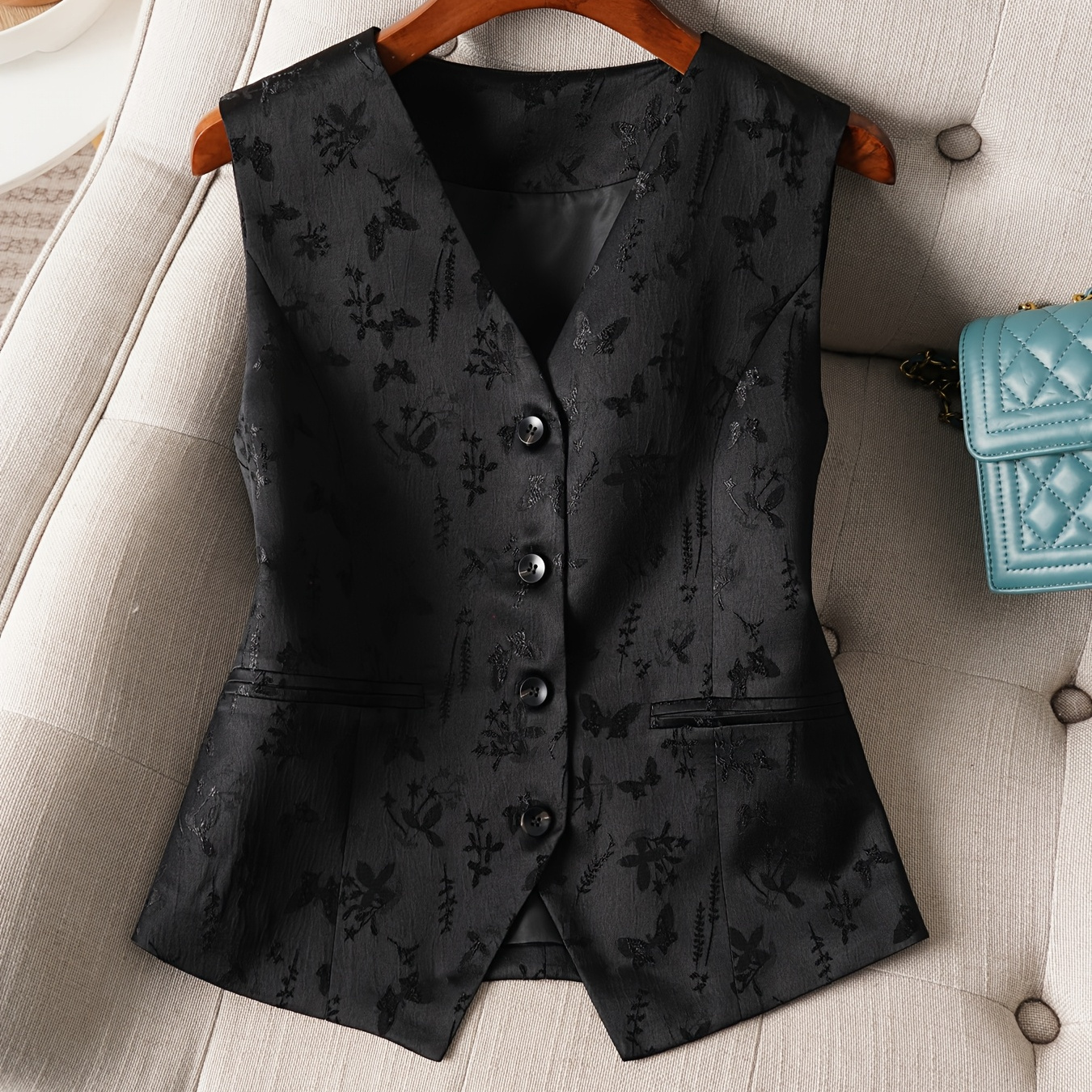 

1pc Elegant Floral V-neck Waistcoat For Women, Short Sleeve Polyester Blazer With Pockets, Single-breasted Spring/autumn Fashion Vest