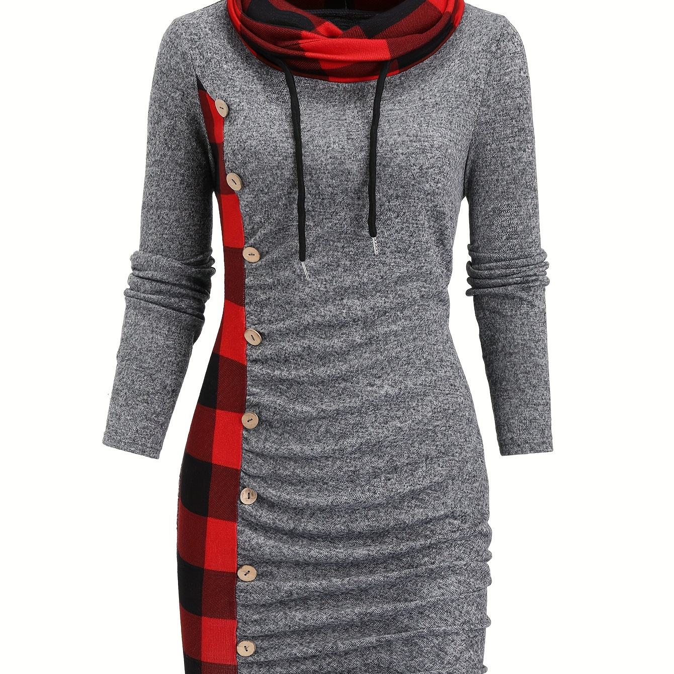 

Patchwork Cowl Neck Dress With Ruched Long Sleeves And Button - Casual Polyester , Machine Washable For Fall/winter