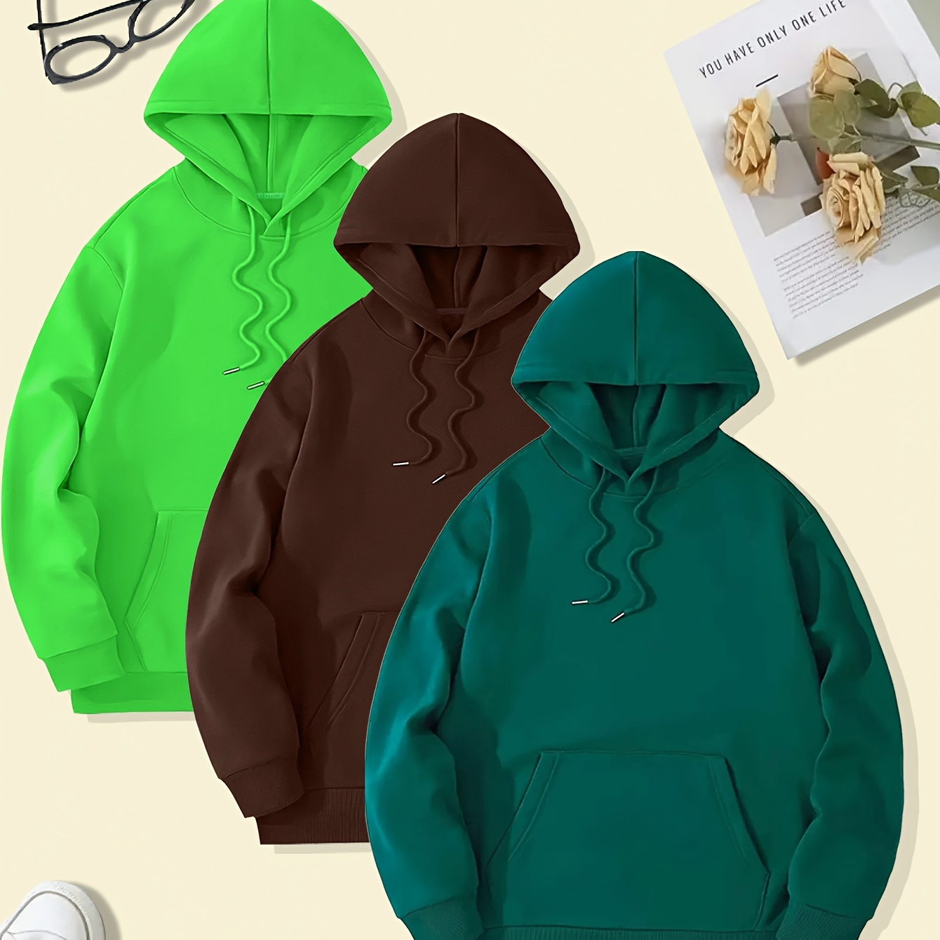 

Plus Size Men's Hoodies, 3pcs Solid Hooded Sweatshirt For Spring Fall