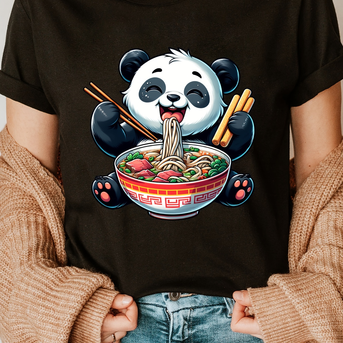 

Panda Print Crew Neck T-shirt, Casual Short Sleeve T-shirt For Spring & Summer, Women's Clothing