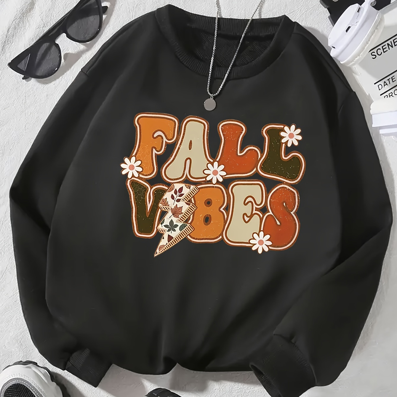 

Fall Vibes Petal And Lightning Symbol Design Print, Girl's Fashion Cozy Sweatshirt, Casual Long Sleeve Pullover Sweatshirt For Autumn And Winter