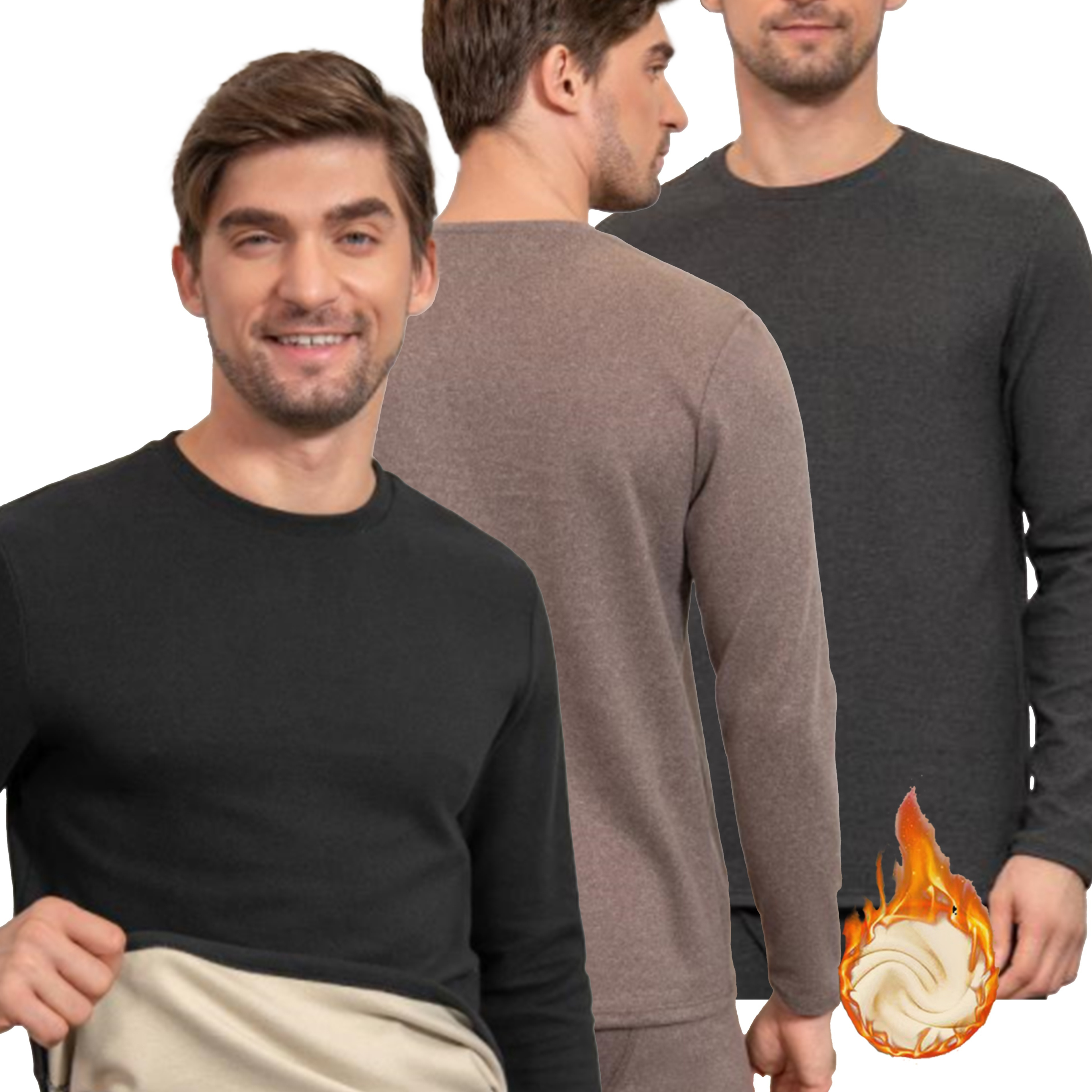 

3pcs Men's Fall/winter Fleece-lined Thermal Underwear, Soft High Stretch Crew Neck Long Sleeve Pullovers, Solid Color Knit Fabric, Regular Fit Daily Casual Wear